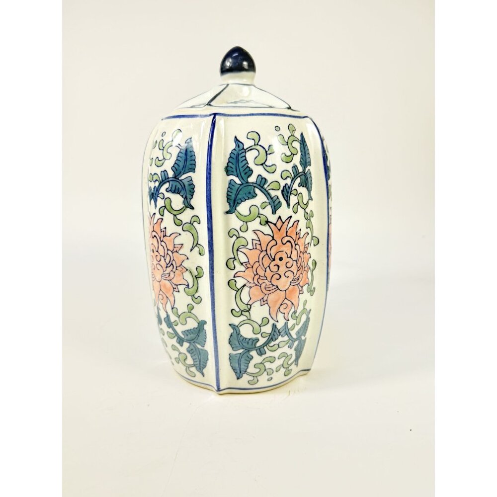 Ginger Temple Jar Lidded Vintage Chinoiserie Blue White Pink Rose pattern Home S - Picture 10 of 16